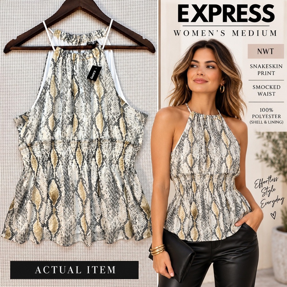 NWT Express Snakeskin Halter Top Smocked Waist Medium Boho Chic Mob Wife Indie
